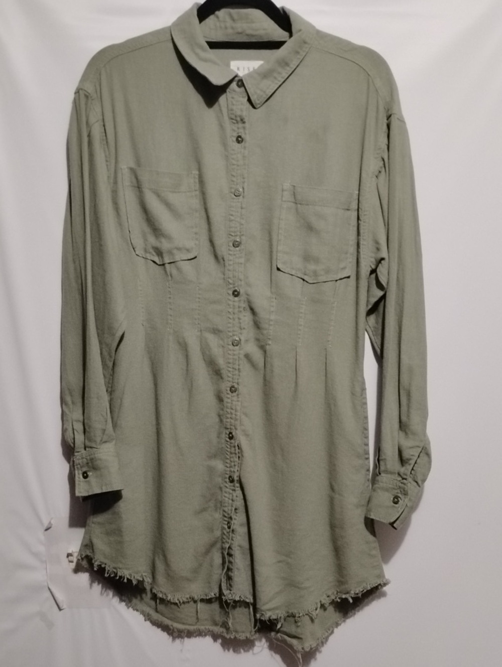 Risen Button Down Fringed Hem Light Olive Laid Back Shirt Dress/Tunic/Shacket